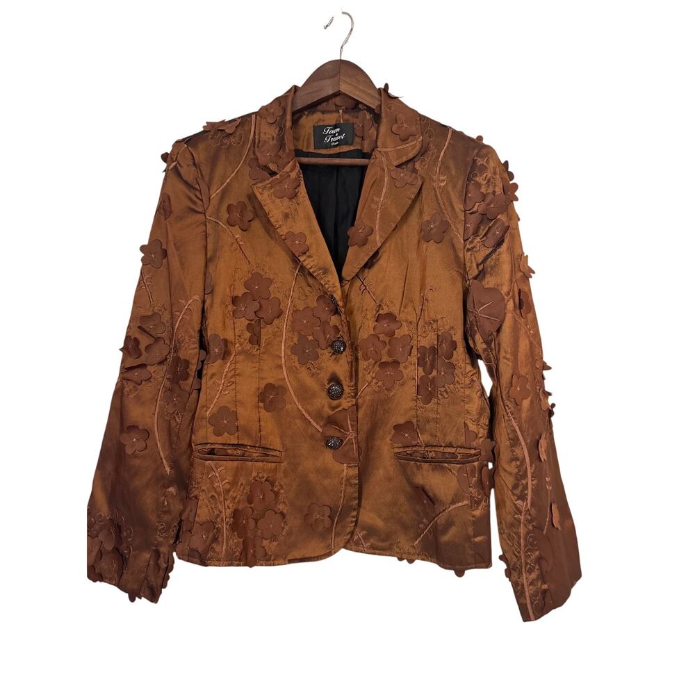 Womens Town & Travel Brown Lined jacket with 3D Flowers Size Petite L